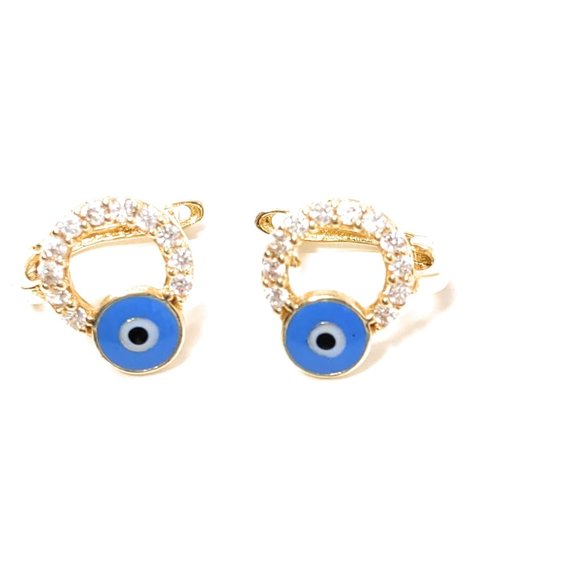 14 Carat Gold Earrings Enamel Evil Eye CZ Stones - Picture 2 of 10